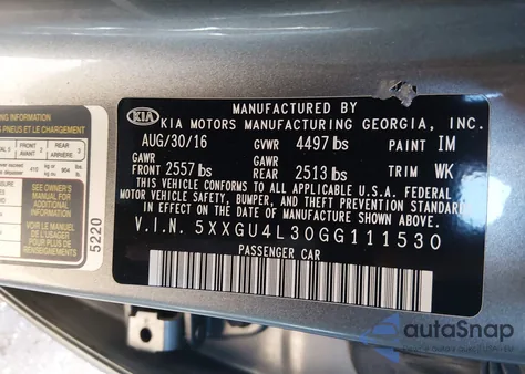 2016 Kia Optima Ex из США, поврежденный, VIN 5XXGU4L30GG111530